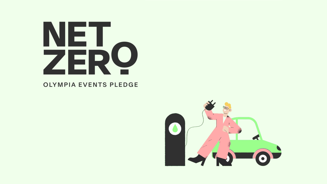 Net Zero logo with illustration of man using electric car